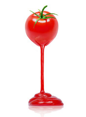 Ketchup flows from a fresh tomato. Conceptual composition of a tomato on a white background - obrazy, fototapety, plakaty