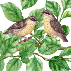 Raster vivid romantic illustration with a bird couple sitting into a bunch of green branches. Romantic and marriage themes, save the date image, design element, special for printed goods.