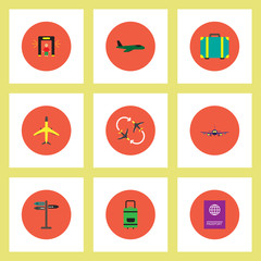 Collection of stylish vector icons in colorful circles airport concept