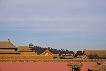 Skyline of yellow roofs in forbidden city in Beijing China