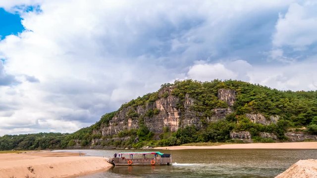 Buyongdae in Andong Hahoe folk village. (Hahoe village in South Korea is UNESCO world heritage site.) Time lapse. Zoom in