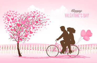 Valentine's Day background with a heart shaped trees and a bicycle. Vector.
