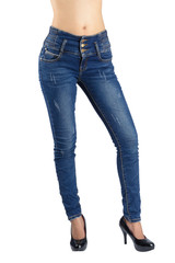 Sexy woman is wearing blue jeans.
