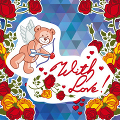 Cute teddy bear on a mosaic background with roses.