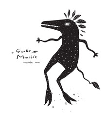 Obraz premium Psychedelic character black and white print. Vector illustration.