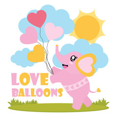 Obraz na płótnie Canvas Cute baby elephant brings love balloons vector cartoon illustration for Happy Valentine card design, postcard, and wallpaper