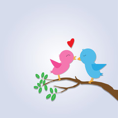 Romantic two birds on tree branch and leafs with hearts. Vector illustration eps10.