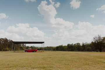Fototapeta na wymiar Old Red Truck in Open Farm Pasture