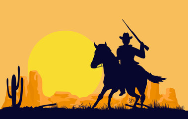 Running on horse cowboy with riffle vector silhouette