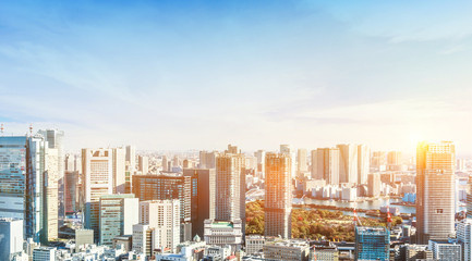 Naklejka premium Asia Business concept for real estate and corporate construction - panoramic modern city skyline bird eye aerial view near tokyo tower under bright sun and vivid blue sky in Tokyo, Japan