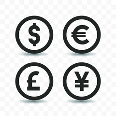 Set of currency icon Dollar, Euro, Pound sterling and Yen on transparent background.