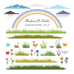 Fields constructor. Meadows and fields elements kit for cartoon landscape constructor with vector grass and flowers, ducks and a rainbow