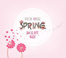 spring sale background with white dandelion