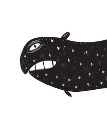 Funny annoyed monster black and white. Vector illustration.