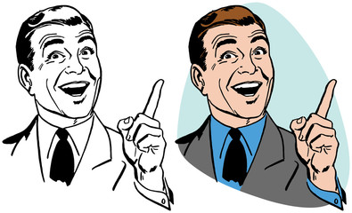 A pointing man with an excited expression on his face.