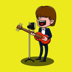 Singer sing a song with electric guitars cartoon vector - obrazy, fototapety, plakaty