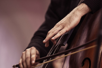  Hands of a musician playing on a contrabass closeup