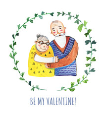 Hand drawn watercolor illustration for St Valentine's day with old couple in floral frame