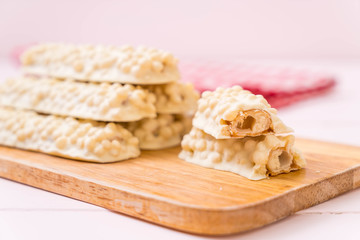 white chocolate with caramel and cereal crispy bar