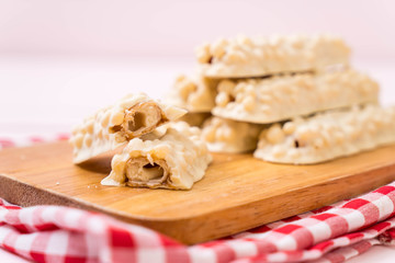 white chocolate with caramel and cereal crispy bar