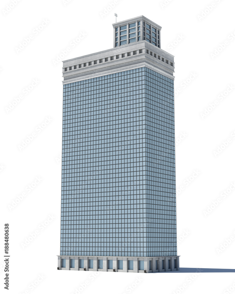Poster 3d rendering of a white high office building with many large windows.