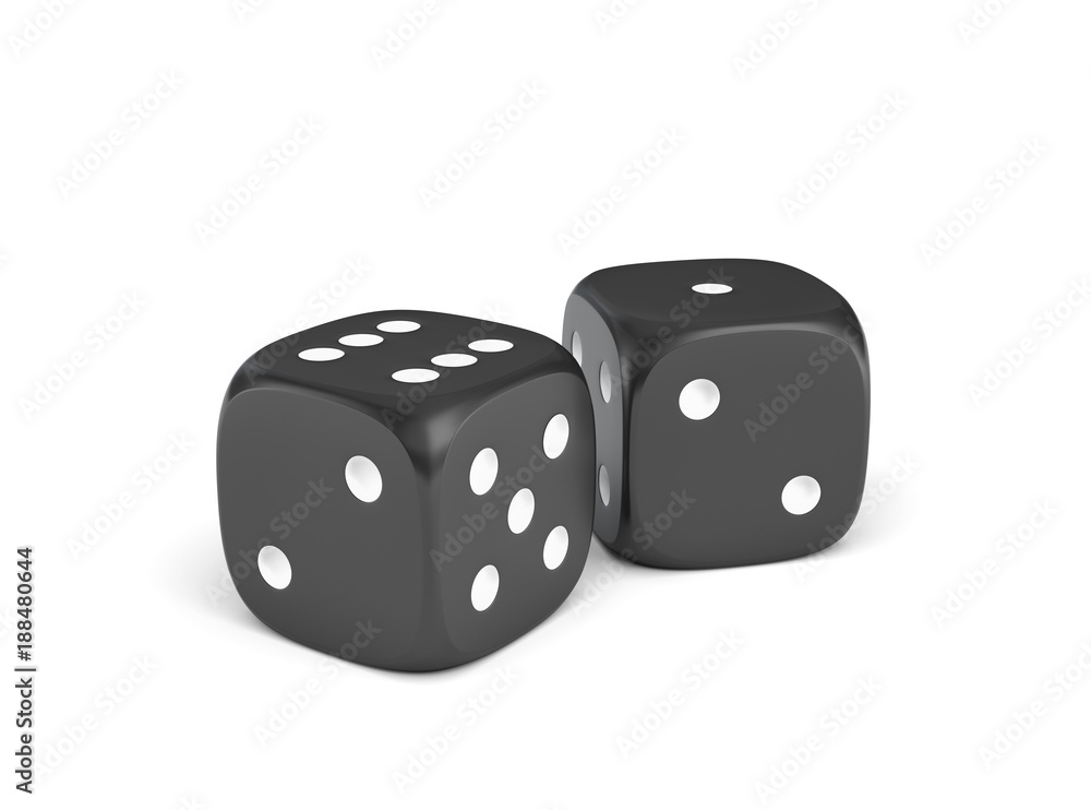 Aufkleber 3d rendering of two black dice with white dots standing close to each other on a white background.