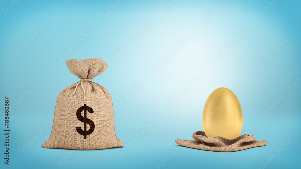 Poster 3d rendering of a tied-up brown sack with a dollar sign near an open sack with a large golden egg.