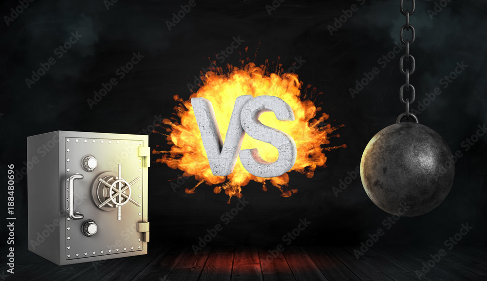 Poster 3d rendering of a retro iron safe box and a black wrecking ball with large exploding letters vs betw