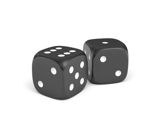 3d rendering of two black dice with white dots standing close to each other on a white background.