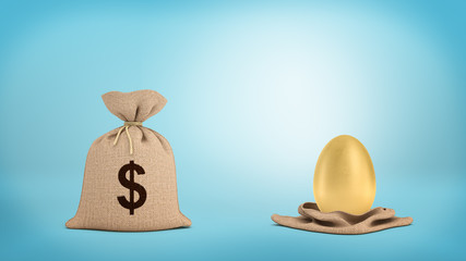 3d rendering of a tied-up brown sack with a dollar sign near an open sack with a large golden egg.