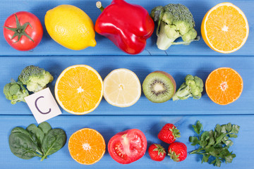 Ripe fruits and vegetables as sources vitamin C, dietary fiber and minerals, strengthening immunity concept