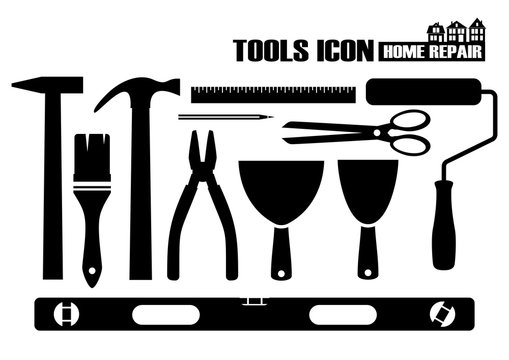 Home repairs. Tools silhouettes for repair, paint brush, hammer, roller, trowel, ruler, pliers, scissors. Vector illustration.