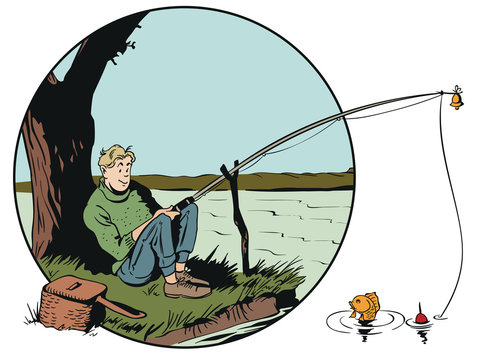 Funny fisherman with fishing rod. Stock illustration.