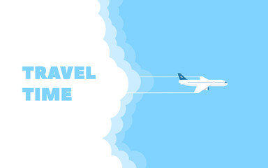 Cartoon banner of the flying plane and cloud on blue sky background. Concept design template of time to travel.