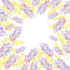 Watercolor abstract background with a floral pattern, yellow, pink, lilac splash of paint, yellow flower, plants. Berries of currants, mimosa, yellow wild flower. Watercolor vintage card, invitation. 