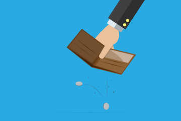 business hand holding empty wallet with silver coins, financial concept