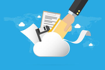 business hand insert document into the cloud with floppy disk and papers, backup data and business concept