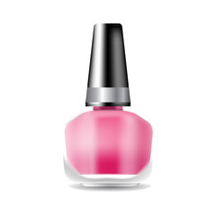 Realistic nail polish 3D vector illustration, template mockup glass bottle.