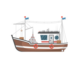 Obraz premium Commercial fishing trawler side view isolated icon. Sea or ocean transportation, marine ship for industrial seafood production vector illustration in flat style.