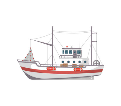 Fishing boat side view isolated icon. Sea or ocean transportation, marine ship for industrial seafood production vector illustration in flat style.