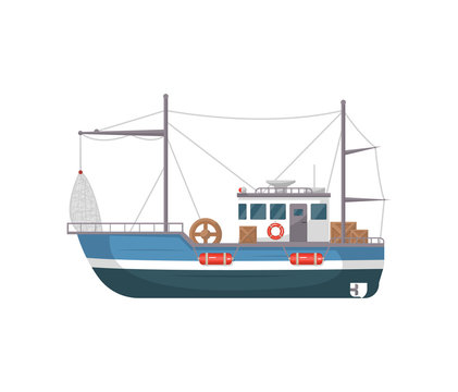 Commercial fishing ship side view isolated icon. Sea or ocean transportation, marine vessel for industrial seafood production vector illustration in flat style.