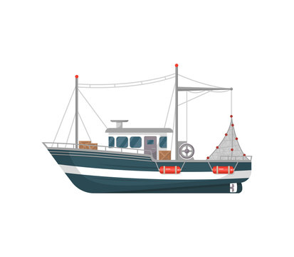 Commercial fishing vessel side view isolated icon. Sea or ocean transportation, marine ship for industrial seafood production vector illustration in flat style.