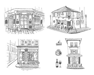Street cafe in old town vector illustration