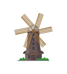 Obraz premium Old windmill building isolated icon. Rural bakery shop, organic agricultural production, ecological food manufacturing vector illustration.