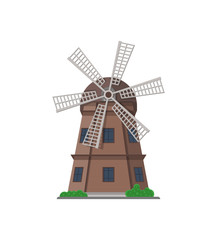 Ancient wooden windmill building isolated icon. Rural bakery shop, organic agricultural production, ecological food manufacturing vector illustration.