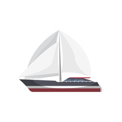 Luxury sailboat side view isolated icon. Marine passenger cruise ship, worldwide yachting, nautical sport competition, sea or ocean vessel vector illustration.