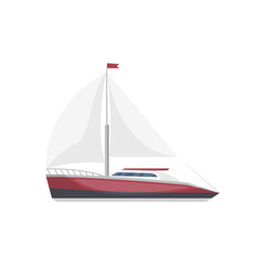 Sea sail yacht side view isolated icon. Marine passenger cruise ship, worldwide yachting, nautical sport competition, sea or ocean vessel vector illustration.