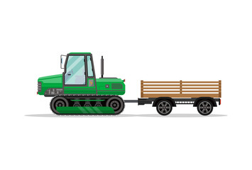 Heavy caterpillar tractor with trailer isolated icon. Agricultural machinery for field work vector illustration. Rural industrial farm technics, comercial transport.