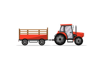 Heavy wheeled tractor with trailer isolated icon. Agricultural machinery for field work vector illustration. Rural industrial farm technics, comercial transport.