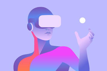 Man wearing virtual reality headset and looking at abstract sphere